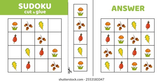 Objetos de otoño en sudoku. Bellota, pose cadera, hoja. Juego rompecabezas para niños. Cortar y pegar. Dibujos animados