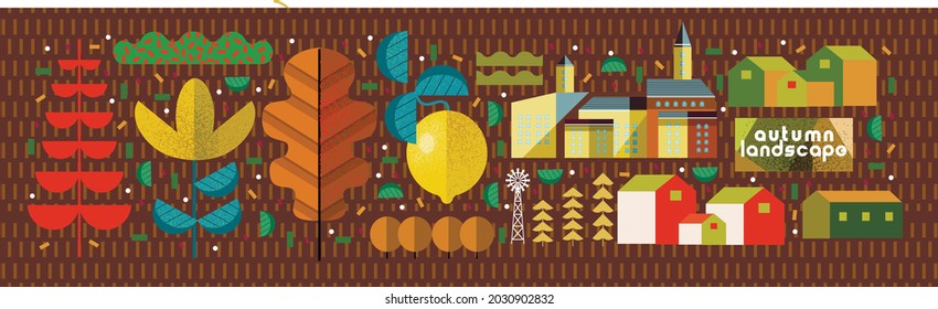 Autumn objects. Vector abstract illustrations of nature, leaves, houses, trees, lemon, harvest, farm and trees.