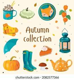 Autumn objects vector collection with pumpkin, fox, leaf, lantern, 
kettle, umbrella, rubber boots, pumpkin cake, physalis, squash, socks, hot cocoa, mushrooms. For banner, posters, sesonal menu.
