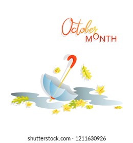 Autumn. October month. Puddles after rain, umbrella and falling autumn leaves on a light background. Composition with space for text. Design for banner, poster, advertising, calendar