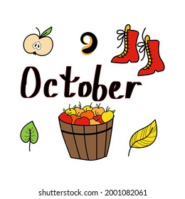 Autumn october set, hand drawn elements- calligraphy, fall leaves, forest animals, wreaths, and other. Perfect for web, card, poster, cover, tag, invitation, sticker kit. Vector illustration


