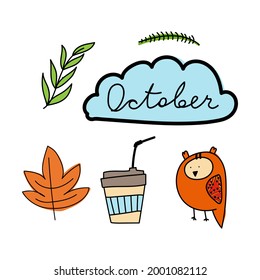 Autumn october set, hand drawn elements- calligraphy, fall leaves, forest animals, wreaths, and other. Perfect for web, card, poster, cover, tag, invitation, sticker kit. Vector illustration

