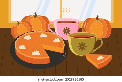 Herbst Oktober Stillleben mit Kürbiskuchen und heißem Tee auf dem Küchentisch. Vektor.