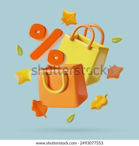 Autumn offer, sale and discount concept 3d vector design with big percent sign, shopping bags and flying fall leaves. Vibrant orange and yellow three dimensional realistic banner on green background.