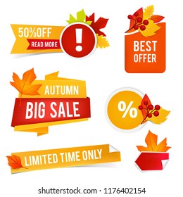 Autumn offer sales. Vector badges and stickers for advertizing. Autumn badge with leaf, offer discount illustration