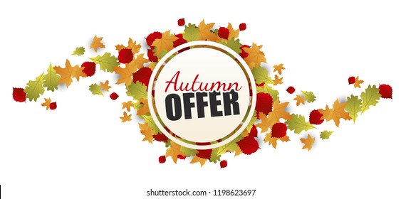 Autumn offer text vector banner with colorful seasonal fall leaves for shopping discount promotion.