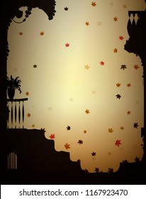 autumn in old city, colored leaves falling near the house, autumn background silhouette, vector, 