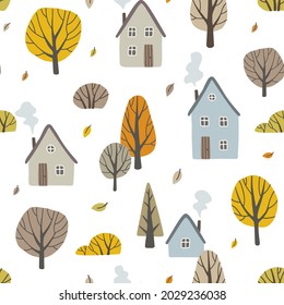 Autumn old houses cute pattern. Seamless texture for textile, fabric, apparel, wrapping, paper, stationery.