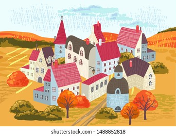 Autumn in the old town. Cute design cartoon concept.