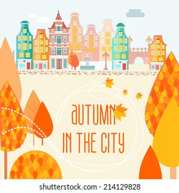 Autumn in old-fashioned town. Vector illustration