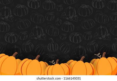 Autumn on the dark background with Hand-draw Pumpkins. Thanksgiving day. For shopping sale, promo poster and frame leaflet, web banner. Vector illustration template