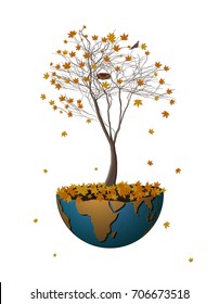 Autumn on the planet, autumn tree growing on the piece of planet Earth