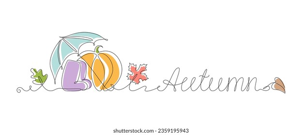 Autumn in one line, color spots. Pumpkin, umbrella, boots. Autumn leaves and lettering.Vector stock illustration.