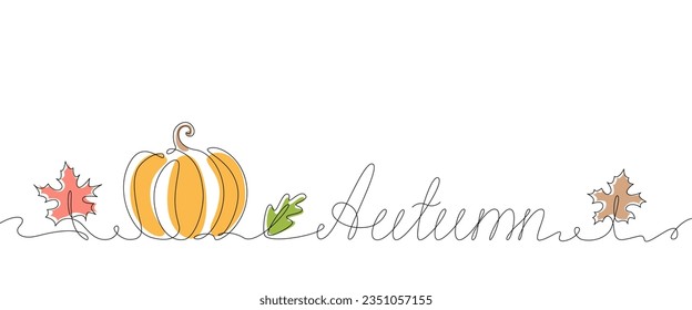 Herbst eine Zeile auf weißem Hintergrund. Kürbis und Blätter. Brieftest Herbst. Minimalismus. Vektorgrafik.