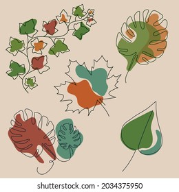 Autumn one line set of leaves.Leaf vector isolated on beige background.Line art plants.Continuous line of simple leaf Illustration.Minimalism art. Modern decor. Vector EPS 10. Logo, postcard, banner.