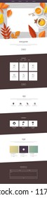Autumn one page website template with top view of flat design workplace and orange colored autumn leaves.