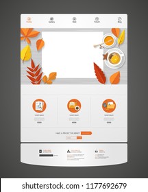 Autumn one page website template with top view of flat design workplace and orange colored autumn leaves.