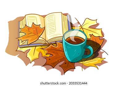 Autumn. An open book. Cup of tea,Coffee. Yellow red leaves.Cartoon illustration.