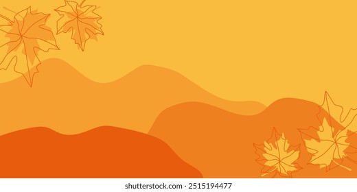 Herbst orangefarbener Hintergrund mit Silhouetten von Bergen und Ahornblättern. Design für Banner, Poster, Grußkarte.