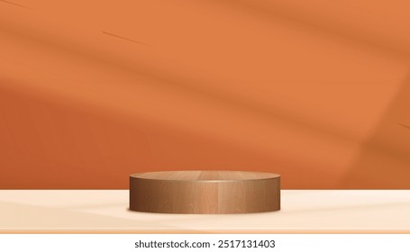 Herbst Orange Hintergrund, Studio-Zimmer mit 3D-Holz-Zylinder-Podest-Podium mit Licht auf leere Wand und Boden für Thanksgiving-Produkt-Geschenk, Hintergrund Szene von Fenster Schatten Display Design 