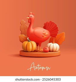 Autumn orange banner. 3D, pumpkin, leaves, apple, bird Turkey, podium. Traditional harvest festival. Banner for autumn design concepts. Vector illustration.