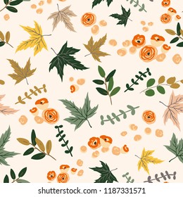 Autumn Orange Flowers, Maple Leaves, White Background. Vector Seamless Pattern. Floral Illustration. Nature Design. Thanksgiving Day. Fall Season
