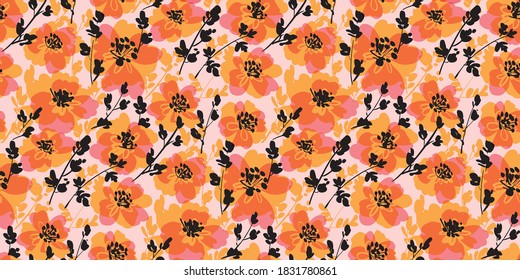 Autumn orange flowers seamless pattern for background, fabric, textile, wrap, surface, web and print design. Fall colors hand drawn flowers textile rapport. 

