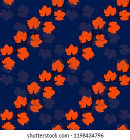 Autumn orange grape leaves seamless pattern on blue background