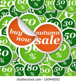 autumn orange and green circle labels with discounts and text