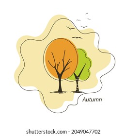 Autumn. Orange and green trees, birds flying away. Cute vector illustration in flat style. Isolated on white background. EPS 10.