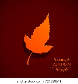 Autumn orange leaf on a dark claret background. 3d. A realistic volumetric 3D image.