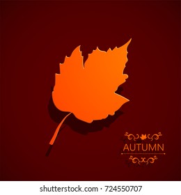 Autumn orange leaf on a dark claret background. 3d. A realistic volumetric 3D image.