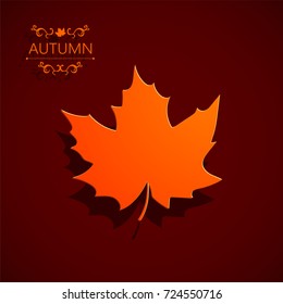 Autumn orange leaf on a dark claret background. 3d. A realistic volumetric 3D image.