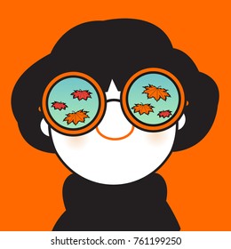 Autumn Orange Leaves Falling From Trees Reflection Mirror On The Happy Smiley Girl Sunglasses Concept Card Character illustration