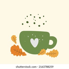 Autumn orange leaves and mug with hot seasonal beverage vector cozy illustration. Fall cup with coffee and tea cartoon paint