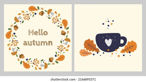 Autumn orange leaves and mug with hot seasonal beverage vector cozy illustration set of postcards. Fall cup with coffee and tea cartoon paint with text collection