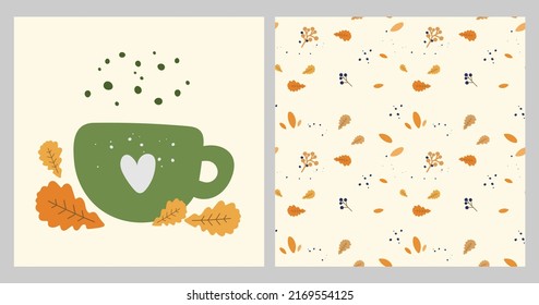 Autumn orange leaves and mug with hot seasonal beverage vector cozy illustration set of postcards. Fall cup with coffee and tea cartoon paint with text collection