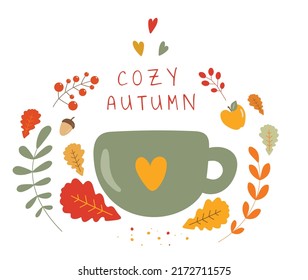 Autumn orange leaves and mug with hot seasonal beverage vector cozy illustration. Fall cup with coffee and tea cartoon paint