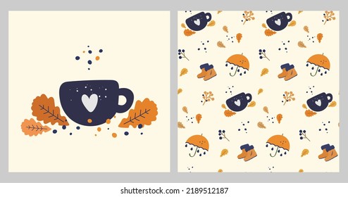 Autumn orange leaves and mug with hot seasonal beverage vector cozy illustration set of postcards. Fall cup with coffee and tea cartoon paint with text collection