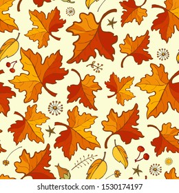 Autumn orange maple leaves, fall background, seamless pattern