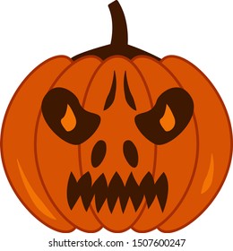 Autumn orange pumpkin Jack with facial expressions, luminous eyes. Happy Halloween. Holiday vector flat isolated illustration