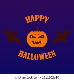 Autumn orange pumpkin Jack with frightening smile, bats and inscription Happy Halloween. Holiday vector flat illustration on a blue background. October party
