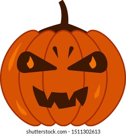 Autumn orange pumpkin Jack with frightening smile, luminous eyes. Happy Halloween. Holiday vector flat isolated illustration. October party
