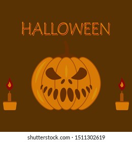 Autumn orange pumpkin Jack with frightening smile, burning candles and inscription Halloween. Holiday vector flat illustration