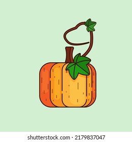 Calabaza naranja otoñal con una hoja sobre un fondo verde claro. Ilustración vectorial de los niños
