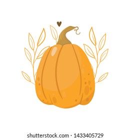Autumn orange pumpkin -  vegetable graphic. Fall season. Forest. Simple cartoon flat style. Vector illustration