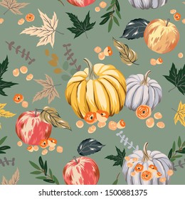 Autumn orange pumpkins, apples, leaves, green background. Vector seamless pattern. Fall season illustration. October harvest. Organic vegetable garden food. Nature design. Thanksgiving day