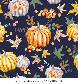 Autumn orange pumpkins, flowers, leaves, black background. Vector seamless pattern. Halloween illustration. October harvest. Organic vegetable garden food. Nature design. Thanksgiving day. Fall season