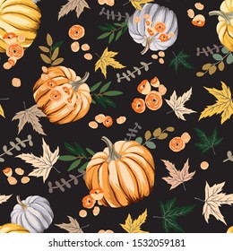 Autumn orange pumpkins, flowers, leaves, black background. Vector seamless pattern. Fall season illustration. October harvest. Organic vegetable garden food. Nature design. Thanksgiving day