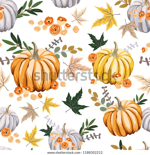 白い背景に秋のオレンジのカボチャ 花 葉 ベクターシームレスなパターン ハロウィーンのイラスト 10月の収穫 有機野菜園食品 自然のデザイン 感謝祭 秋季 のベクター画像素材 ロイヤリティフリー 1188302212